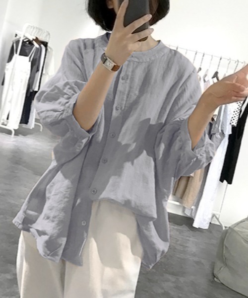 ABITOKYO（アビトーキョー）の「麻ライク五分袖ドルマンシャツブラウス（シャツ/ブラウス・レディース・ホワイト/ブラック/ブルー/イエロー/ピンク/オレンジ/カーキ/グレー/ネイビー/ブラウン/グリーン・FREE）」の3枚目の写真