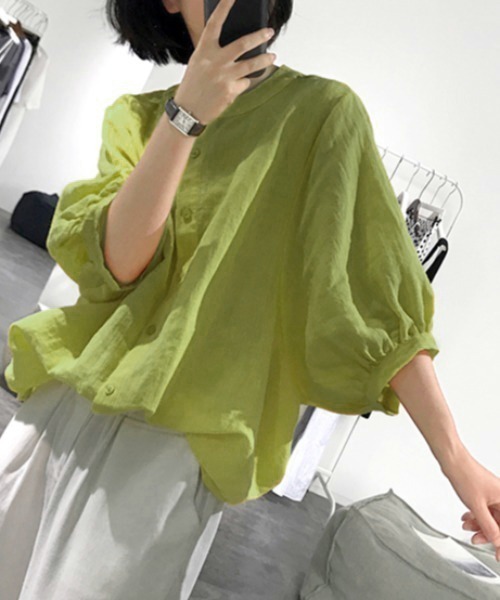 ABITOKYO（アビトーキョー）の「麻ライク五分袖ドルマンシャツブラウス（シャツ/ブラウス・レディース・ホワイト/ブラック/ブルー/イエロー/ピンク/オレンジ/カーキ/グレー/ネイビー/ブラウン/グリーン・FREE）」の5枚目の写真