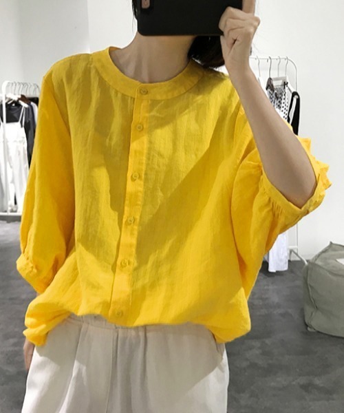 ABITOKYO（アビトーキョー）の「麻ライク五分袖ドルマンシャツブラウス（シャツ/ブラウス・レディース・ホワイト/ブラック/ブルー/イエロー/ピンク/オレンジ/カーキ/グレー/ネイビー/ブラウン/グリーン・FREE）」の9枚目の写真