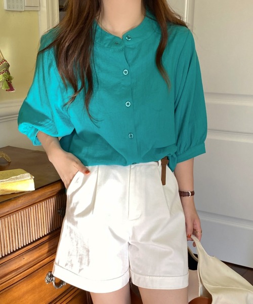 ABITOKYO（アビトーキョー）の「麻ライク五分袖ドルマンシャツブラウス（シャツ/ブラウス・レディース・ホワイト/ブラック/ブルー/イエロー/ピンク/オレンジ/カーキ/グレー/ネイビー/ブラウン/グリーン・FREE）」の6枚目の写真