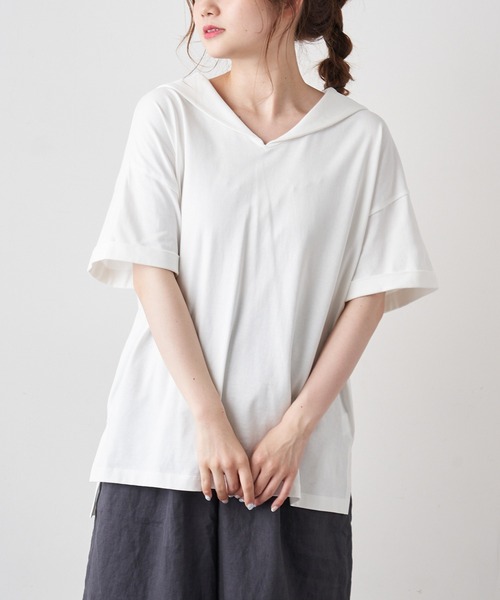 PUAL CE CIN（ピュアルセシン）の「【Du noir】シルケットセーラーカラーショートスリーブ（Tシャツ/カットソー・レディース・ホワイト/ブラック/グレー・FREE）」の8枚目の写真