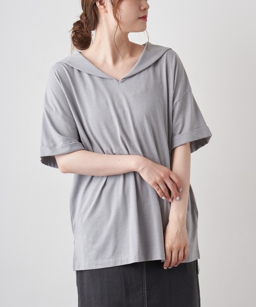 PUAL CE CIN（ピュアルセシン）の「【Du noir】シルケットセーラーカラーショートスリーブ（Tシャツ/カットソー・レディース・ホワイト/ブラック/グレー・FREE）」の16枚目の写真