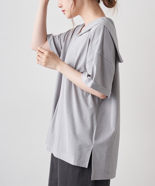 PUAL CE CIN（ピュアルセシン）の「【Du noir】シルケットセーラーカラーショートスリーブ（Tシャツ/カットソー・レディース・ホワイト/ブラック/グレー・FREE）」の17枚目の写真