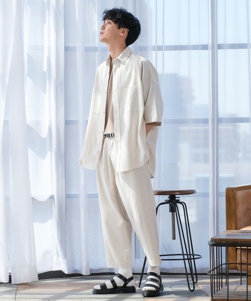 improves（インプローブス）の「麻レーヨン オーバーサイズ 半袖シャツ セットアップ対応（シャツ/ブラウス・メンズ・ライトグレー/ブラック/ネイビー/カーキ/ライトベージュ/キナリ・MEDIUM/LARGE）」の9枚目の写真