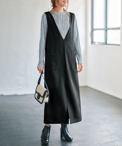 GeeRA（ジーラ）の「Ｖネックロングジャンパースカート（ジャンパースカート・レディース・ブラック/ベージュ・LARGE/XX-LARGE/SMALL/MEDIUM/X-LARGE）」の6枚目の写真