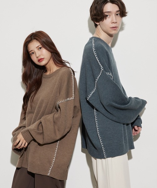 JUNRED（ジュンレッド）の「ハンドステッチニットルーズプルオーバー（ニット/セーター・メンズ・ブラック/ベージュ/グリーン・S/M/L）」の3枚目の写真