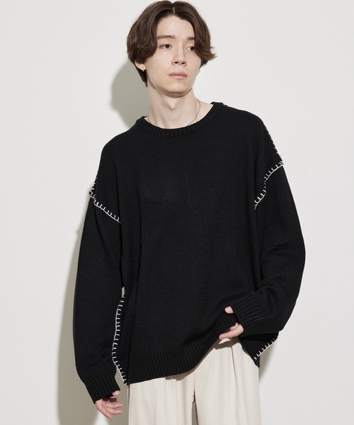 JUNRED（ジュンレッド）の「ハンドステッチニットルーズプルオーバー（ニット/セーター・メンズ・ブラック/ベージュ/グリーン・S/M/L）」の2枚目の写真