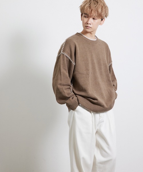 JUNRED（ジュンレッド）の「ハンドステッチニットルーズプルオーバー（ニット/セーター・メンズ・ブラック/ベージュ/グリーン・S/M/L）」の12枚目の写真