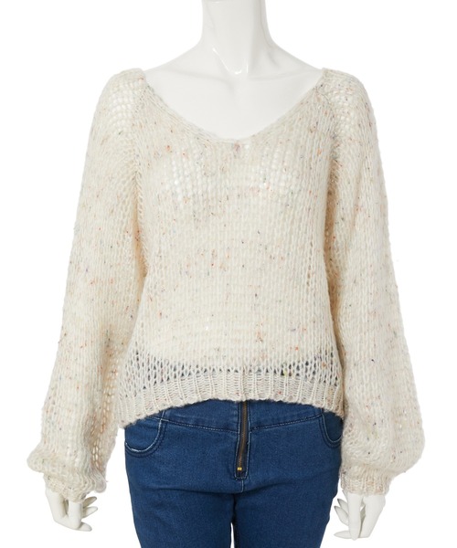 fifth calin（フィフスカラン）の「スプレーカラーVネックルーズニット（ニット/セーター・レディース・ブラック/ホワイト・MEDIUM）」の8枚目の写真