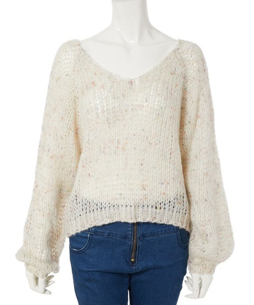 fifth calin（フィフスカラン）の「スプレーカラーVネックルーズニット（ニット/セーター・レディース・ブラック/ホワイト・MEDIUM）」の4枚目の写真