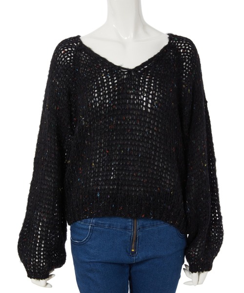 fifth calin（フィフスカラン）の「スプレーカラーVネックルーズニット（ニット/セーター・レディース・ブラック/ホワイト・MEDIUM）」の9枚目の写真