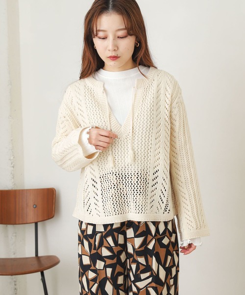 SENSE OF PLACE by URBAN RESEARCH（センスオブプレイスバイアーバンリサーチ）の「キーネックメッシュセーター（ニット/セーター・レディース・ブラック/イエロー/オフホワイト・ONE）」の5枚目の写真