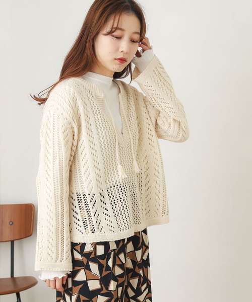 SENSE OF PLACE by URBAN RESEARCH（センスオブプレイスバイアーバンリサーチ）の「キーネックメッシュセーター（ニット/セーター・レディース・ブラック/イエロー/オフホワイト・ONE）」の6枚目の写真