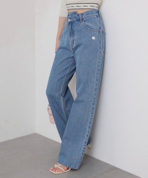 Chico（チコ）の「アシメフロントワイドデニムパンツ（デニムパンツ
