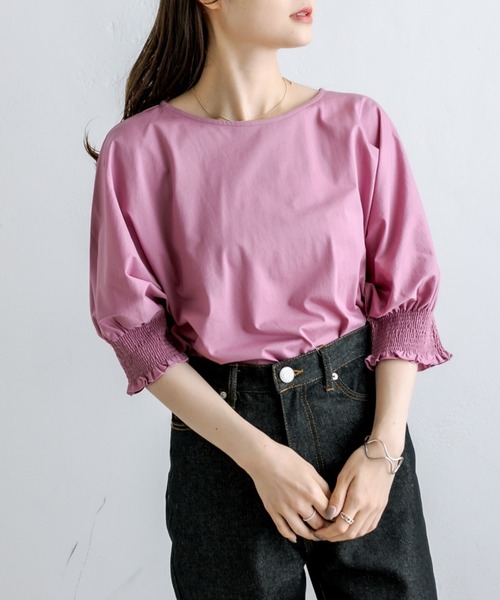 PUAL CE CIN（ピュアルセシン）の「シルケット袖シャーリングTシャツ（Tシャツ/カットソー・レディース・ブラック/ピンク/ブルー/グリーン・FREE）」の4枚目の写真