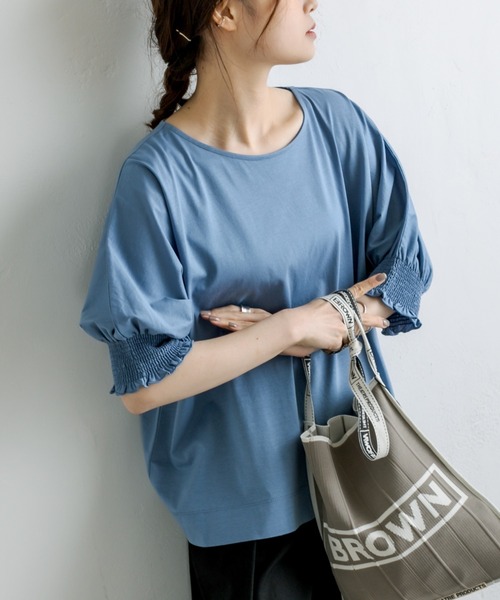 PUAL CE CIN（ピュアルセシン）の「シルケット袖シャーリングTシャツ（Tシャツ/カットソー・レディース・ブラック/ピンク/ブルー/グリーン・FREE）」の3枚目の写真