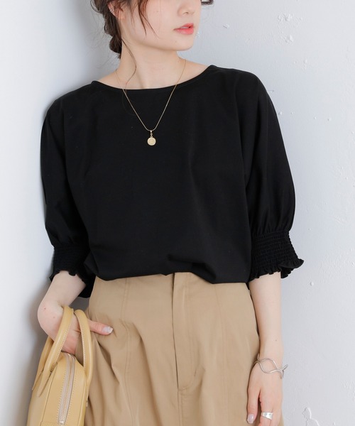 PUAL CE CIN（ピュアルセシン）の「シルケット袖シャーリングTシャツ（Tシャツ/カットソー・レディース・ブラック/ピンク/ブルー/グリーン・FREE）」の2枚目の写真