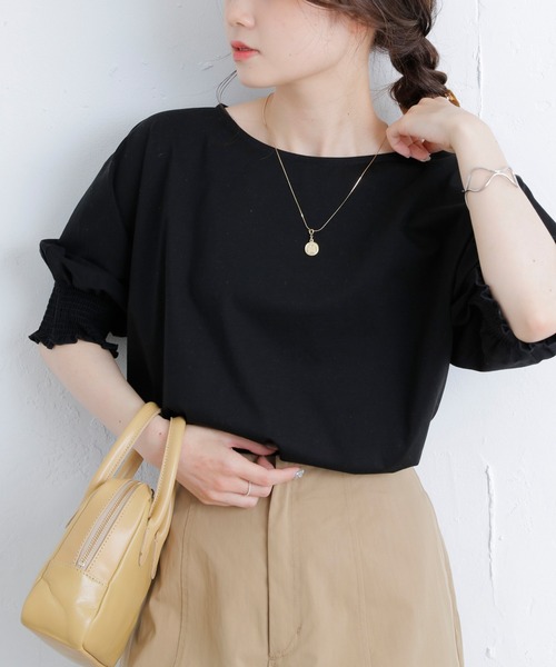 PUAL CE CIN（ピュアルセシン）の「シルケット袖シャーリングTシャツ（Tシャツ/カットソー・レディース・ブラック/ピンク/ブルー/グリーン・FREE）」の5枚目の写真