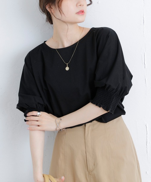 PUAL CE CIN（ピュアルセシン）の「シルケット袖シャーリングTシャツ（Tシャツ/カットソー・レディース・ブラック/ピンク/ブルー/グリーン・FREE）」の6枚目の写真