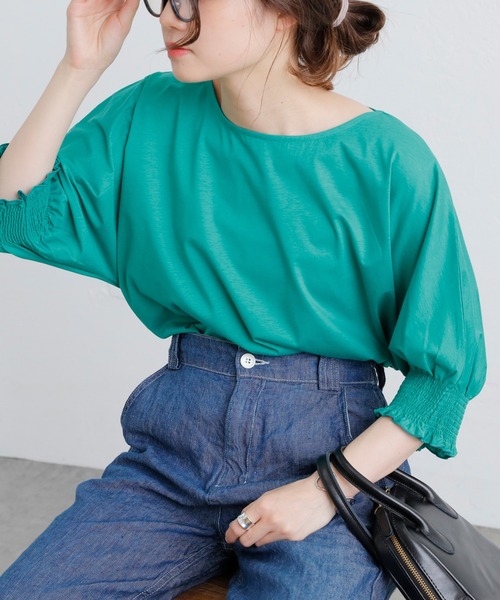 PUAL CE CIN（ピュアルセシン）の「シルケット袖シャーリングTシャツ（Tシャツ/カットソー・レディース・ブラック/ピンク/ブルー/グリーン・FREE）」の7枚目の写真