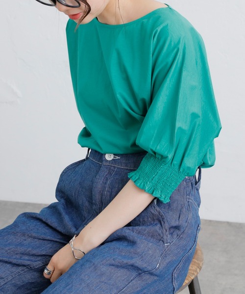 PUAL CE CIN（ピュアルセシン）の「シルケット袖シャーリングTシャツ（Tシャツ/カットソー・レディース・ブラック/ピンク/ブルー/グリーン・FREE）」の8枚目の写真