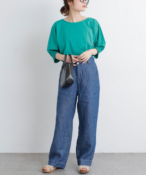 PUAL CE CIN（ピュアルセシン）の「シルケット袖シャーリングTシャツ（Tシャツ/カットソー・レディース・ブラック/ピンク/ブルー/グリーン・FREE）」の9枚目の写真