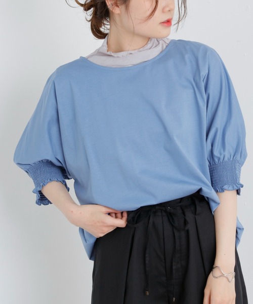 PUAL CE CIN（ピュアルセシン）の「シルケット袖シャーリングTシャツ（Tシャツ/カットソー・レディース・ブラック/ピンク/ブルー/グリーン・FREE）」の11枚目の写真