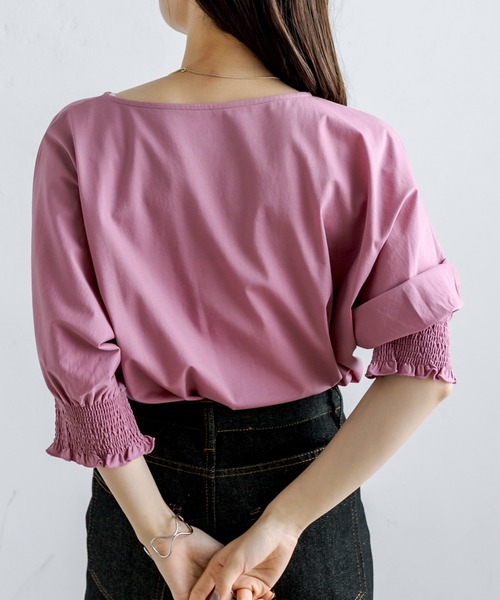 PUAL CE CIN（ピュアルセシン）の「シルケット袖シャーリングTシャツ（Tシャツ/カットソー・レディース・ブラック/ピンク/ブルー/グリーン・FREE）」の19枚目の写真