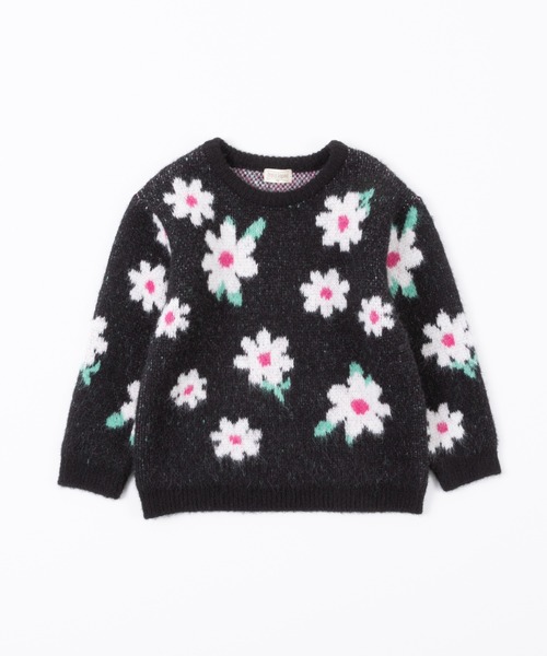 trois lapins kp(トロワラパンケーピー)の「花柄ジャガード編みセーター(140~150cm)(ニット/セーター・キッズ・グリーン/ブラック・140cm/150cm)」の1枚目の写真