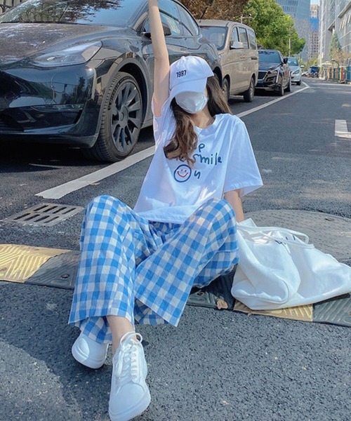Auntie Rosa(アンティローザ)の「ギンガムチェックルーズパンツ(スラックス・レディース・ピンク/ブルー・FREE)」の1枚目の写真