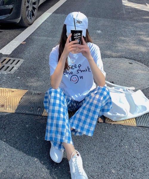 Auntie Rosa(アンティローザ)の「ギンガムチェックルーズパンツ(スラックス・レディース・ピンク/ブルー・FREE)」の8枚目の写真