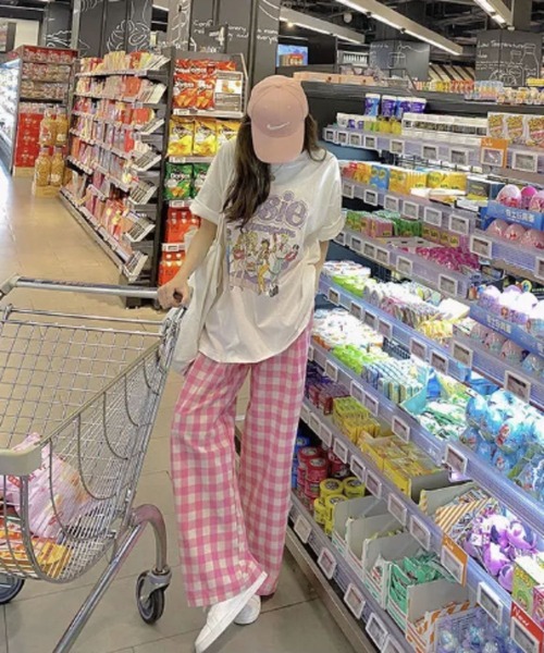 Auntie Rosa(アンティローザ)の「ギンガムチェックルーズパンツ(スラックス・レディース・ピンク/ブルー・FREE)」の6枚目の写真