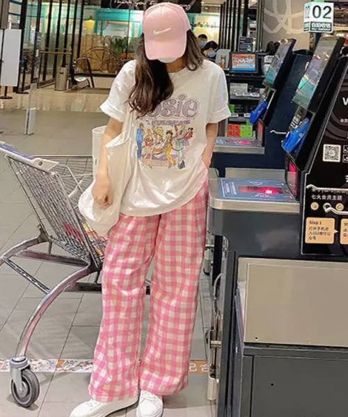 Auntie Rosa(アンティローザ)の「ギンガムチェックルーズパンツ(スラックス・レディース・ピンク/ブルー・FREE)」の9枚目の写真