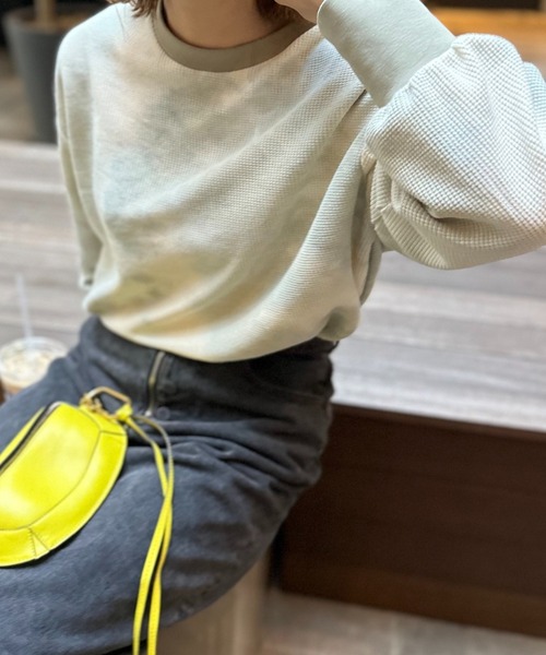 mi via loca（ミヴィアロカ）の「ワッフルタイダイ配色ステッチロンT（Tシャツ/カットソー・レディース・パープル/グリーン/スミクロ/ブラウン/カーキ/ブラウン系その他/カーキ系1/グリーン系その他・FREE）」の7枚目の写真