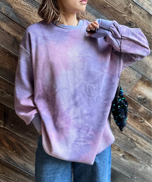 mi via loca（ミヴィアロカ）の「ワッフルタイダイ配色ステッチロンT（Tシャツ/カットソー・レディース・パープル/グリーン/スミクロ/ブラウン/カーキ/ブラウン系その他/カーキ系1/グリーン系その他・FREE）」の8枚目の写真