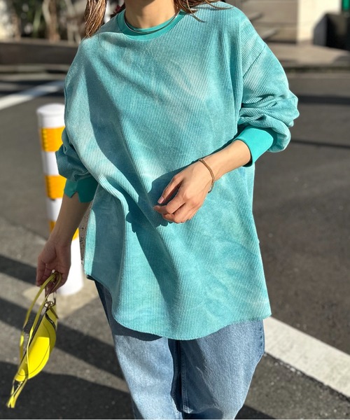 mi via loca（ミヴィアロカ）の「ワッフルタイダイ配色ステッチロンT（Tシャツ/カットソー・レディース・パープル/グリーン/スミクロ/ブラウン/カーキ/ブラウン系その他/カーキ系1/グリーン系その他・FREE）」の6枚目の写真