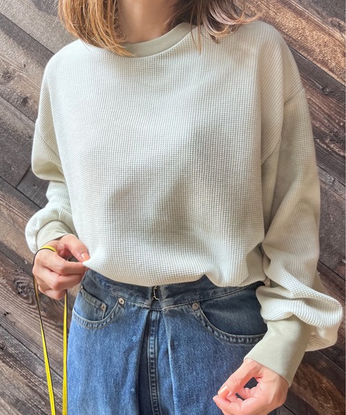 mi via loca（ミヴィアロカ）の「ワッフルタイダイ配色ステッチロンT（Tシャツ/カットソー・レディース・パープル/グリーン/スミクロ/ブラウン/カーキ/ブラウン系その他/カーキ系1/グリーン系その他・FREE）」の14枚目の写真