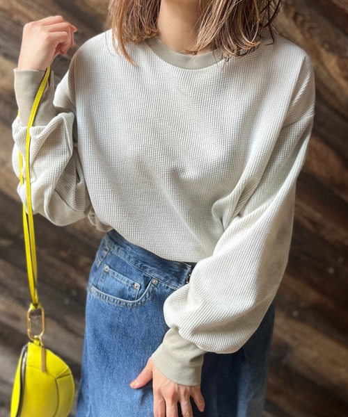 mi via loca（ミヴィアロカ）の「ワッフルタイダイ配色ステッチロンT（Tシャツ/カットソー・レディース・パープル/グリーン/スミクロ/ブラウン/カーキ/ブラウン系その他/カーキ系1/グリーン系その他・FREE）」の12枚目の写真