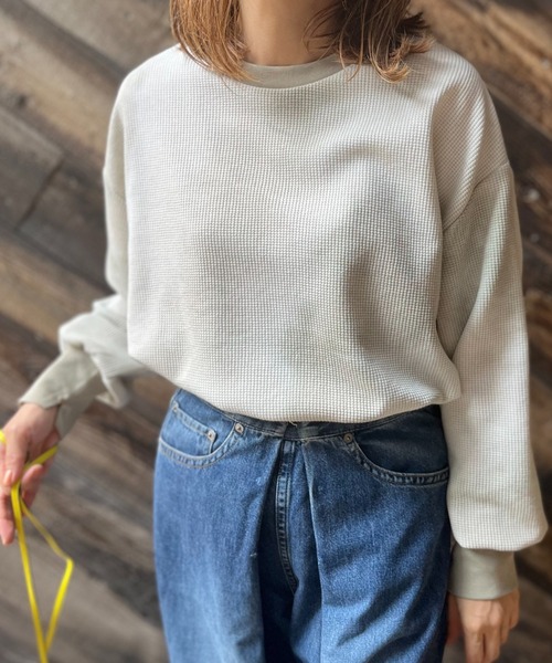 mi via loca（ミヴィアロカ）の「ワッフルタイダイ配色ステッチロンT（Tシャツ/カットソー・レディース・パープル/グリーン/スミクロ/ブラウン/カーキ/ブラウン系その他/カーキ系1/グリーン系その他・FREE）」の10枚目の写真