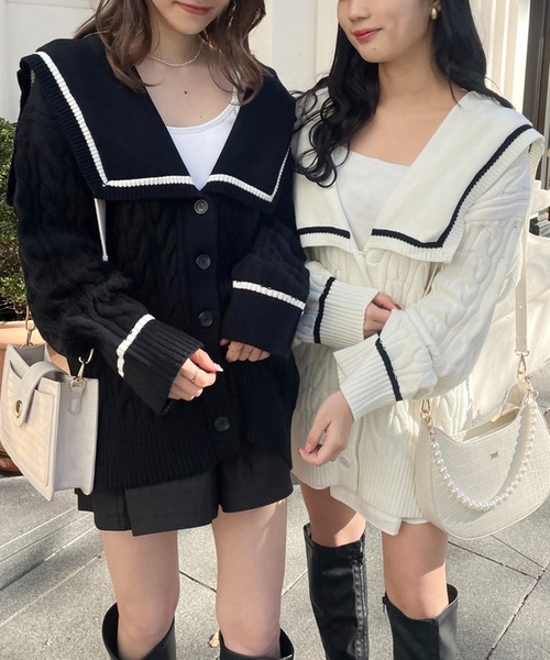 one after another NICE CLAUP（ワンアフターアナザーナイスクラップ）の「大きな襟ニットカーディガン　2023SS（カーディガン/ボレロ・レディース・ブラック/オフホワイト・FREE）」の12枚目の写真