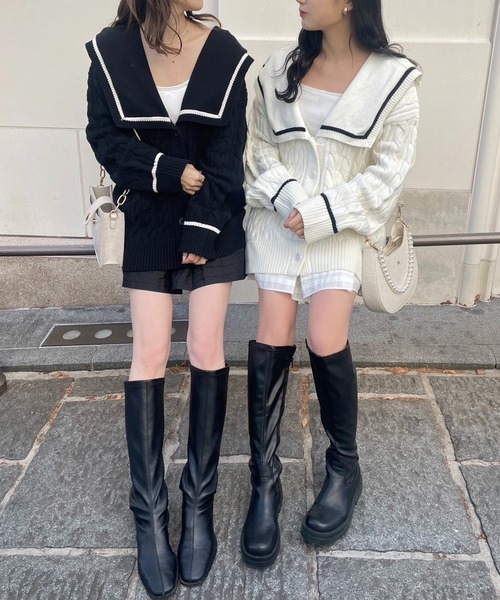 one after another NICE CLAUP（ワンアフターアナザーナイスクラップ）の「大きな襟ニットカーディガン　2023SS（カーディガン/ボレロ・レディース・ブラック/オフホワイト・FREE）」の14枚目の写真