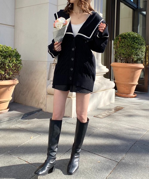 one after another NICE CLAUP（ワンアフターアナザーナイスクラップ）の「大きな襟ニットカーディガン　2023SS（カーディガン/ボレロ・レディース・ブラック/オフホワイト・FREE）」の11枚目の写真