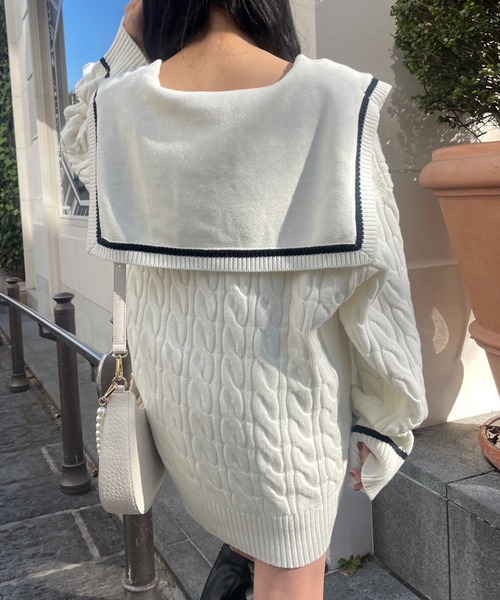 one after another NICE CLAUP（ワンアフターアナザーナイスクラップ）の「大きな襟ニットカーディガン　2023SS（カーディガン/ボレロ・レディース・ブラック/オフホワイト・FREE）」の5枚目の写真