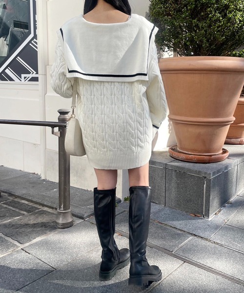 one after another NICE CLAUP（ワンアフターアナザーナイスクラップ）の「大きな襟ニットカーディガン　2023SS（カーディガン/ボレロ・レディース・ブラック/オフホワイト・FREE）」の13枚目の写真