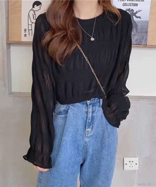 LADY LIKE(レディライク)の「ランダムプリーツシアーブラウス(シャツ/ブラウス・レディース・ブラック/ホワイト・M)」の2枚目の写真