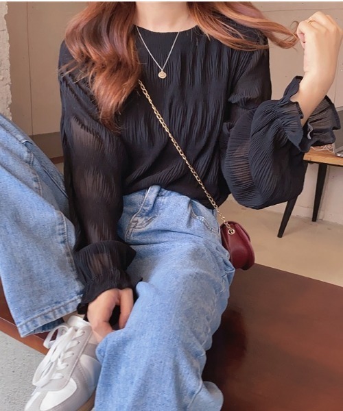 LADY LIKE(レディライク)の「ランダムプリーツシアーブラウス(シャツ/ブラウス・レディース・ブラック/ホワイト・M)」の3枚目の写真