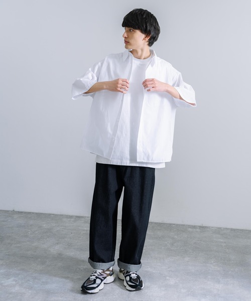 Rocky Monroe(ロッキーモンロー)の「オーバーサイズ オックスフォード 半袖レギュラーカラー無地ストライプシャツ(シャツ/ブラウス・メンズ・ホワイト/ブルー/ブルー系/グレー系/サックスブルー系・M/L/XL)」の6枚目の写真