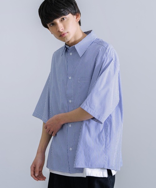 Rocky Monroe(ロッキーモンロー)の「オーバーサイズ オックスフォード 半袖レギュラーカラー無地ストライプシャツ(シャツ/ブラウス・メンズ・ホワイト/ブルー/ブルー系/グレー系/サックスブルー系・M/L/XL)」の13枚目の写真