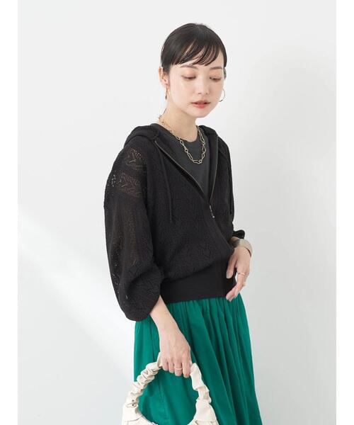 earth music&ecology（アースミュージックアンドエコロジー）の「透かし編みニットパーカー（カーディガン/ボレロ・レディース・グリーン/ブラック/ライトベージュ/オフホワイト・FREE）」の12枚目の写真