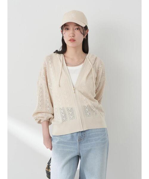 earth music&ecology（アースミュージックアンドエコロジー）の「透かし編みニットパーカー（カーディガン/ボレロ・レディース・グリーン/ブラック/ライトベージュ/オフホワイト・FREE）」の20枚目の写真